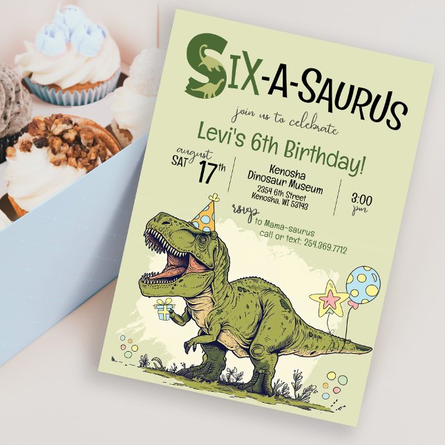 Cute TRex Dinosaur Six-A-Saurus 6e Födelsedagsfest Inbjudningar (Cute Cartoon T-Rex Dinosaur wearing birthday hat, Six-A-Saurus sixth 6th birthday party invitation)