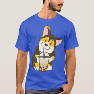 Cute Tri Färg Corgi och Boba Hund Bubble Mjölk Tea T Shirt