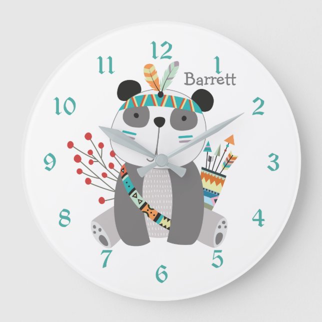Cute Tribal Panda Bear Personlig Nursery Clock Stor Klocka (Framsida)