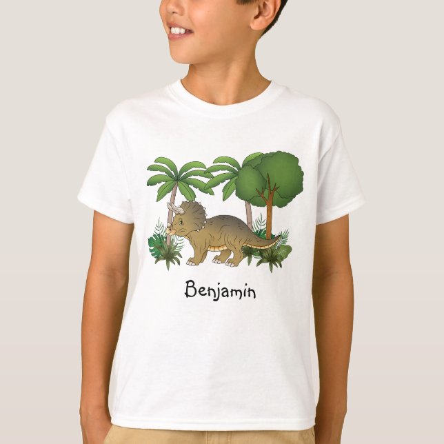 Cute Triceratops dinosaur med Träd och växter T Shirt (Framsida)