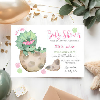 Cute Triceratops Dinosaur Tracks Girl Baby Shower Inbjudningar
