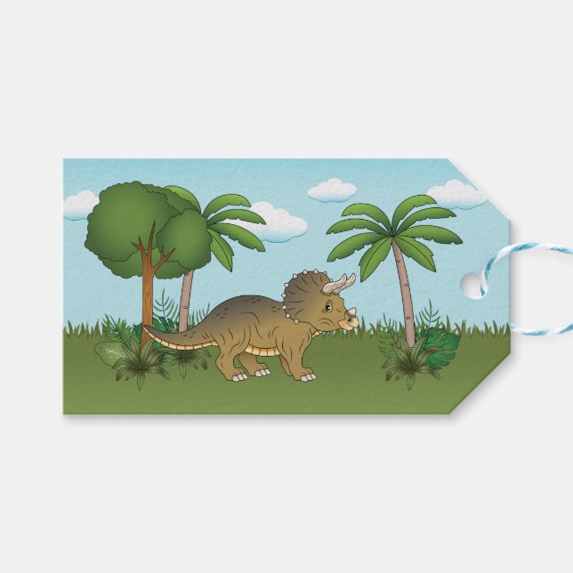 Cute Triceratops Dinosaur Tropical Handflatan Träd Presentetikett (Framsidan (Horisontell))