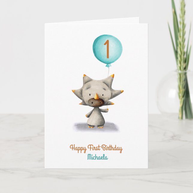 Cute Triceratops med Balloon First Birday Card Kort (Framsida)