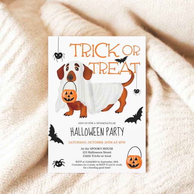 Cute trick behandlar hund spökskript Halloween fes Inbjudningar (Cute trick treat dog ghost script Halloween party Invitation)