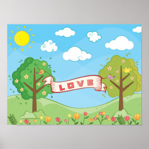 Cute Tro på Träd Flowers Fåglar i Kärlek Kindness Poster