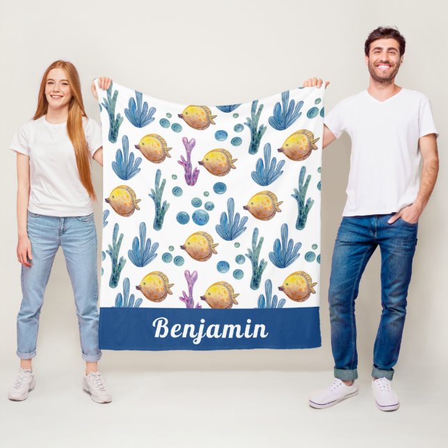 Cute Tropical Fish Nautical Sea Ocean Mönster Fleecefilt (På plats)