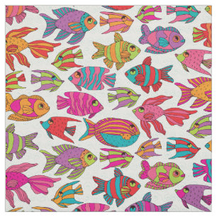 Cute Tropical Fish Rosa Turquise på White Mönste Tyg