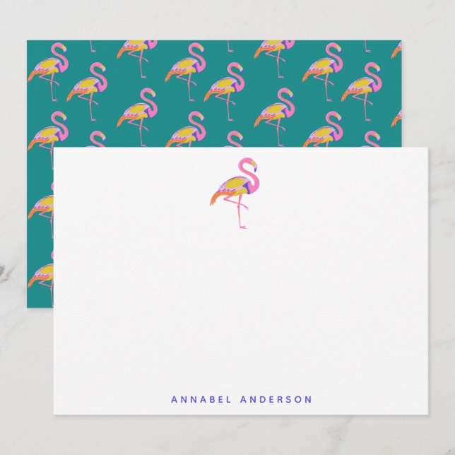 Cute Tropical Flamingo Grönt Lila Personlig Tack Kort (Fram/baksida)