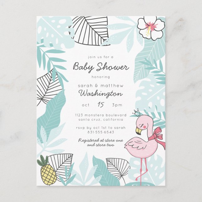Cute Tropical Flamingo & Pineale Baby Shower Inbjudan Vykort (Framsida)
