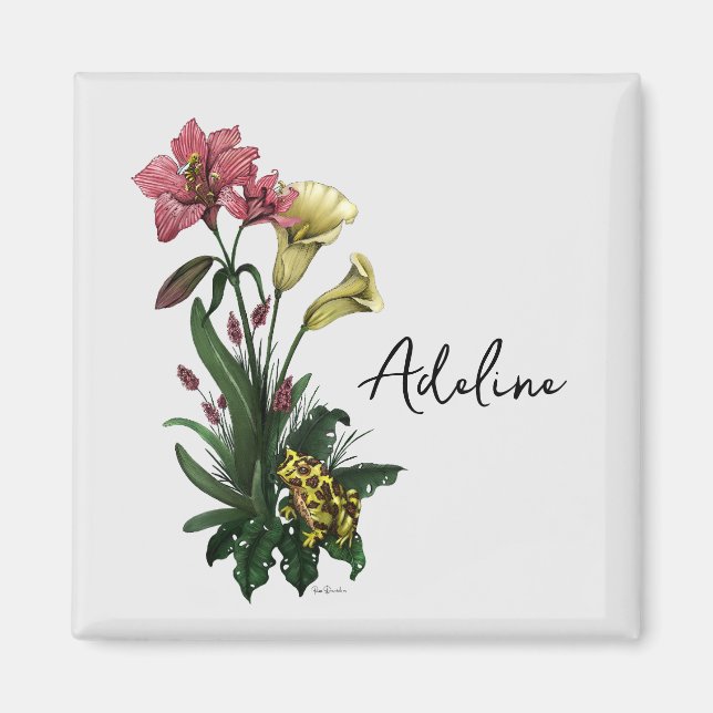 Cute Tropical Frog och Lily Botanical Blommigt Art Magnet (Framsidan)
