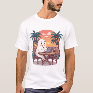 Cute Tropical Ghost Digital Nomad Halloween Design T Shirt