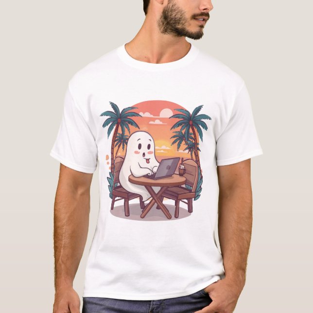 Cute Tropical Ghost Digital Nomad Halloween Design T Shirt (Framsida)