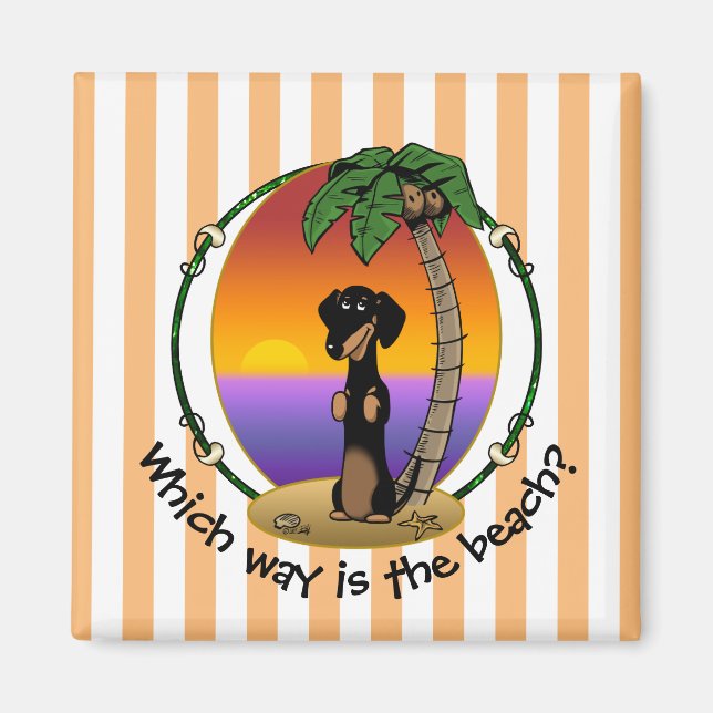 Cute Tropical Island Beach Dachshund (svart & tan) Magnet (Framsidan)