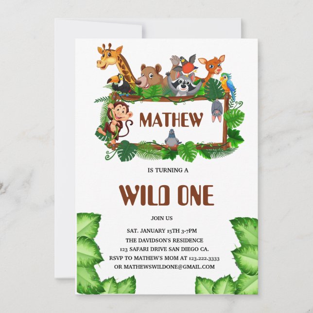 Cute Tropical Jungle Safari Wild One 1st  Inbjudningar (Framsida)