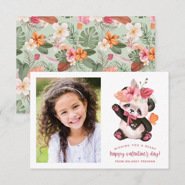 Cute Tropical Panda Kids Photo Valentine Card Anteckningskort (Fram/baksida)