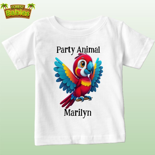 Cute tropical party animal baby vild Macaw parrot T Shirt (Cute Fun Red Scarlet Macaw graphic t-shirt, Parrot Bird Wildlife Animal Character Tee. baby t shirt)