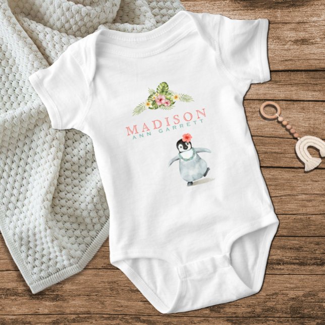 Cute Tropical Penguin Rosa Flicka Baby Bodykostym T Shirt (Skapare uppladdad)