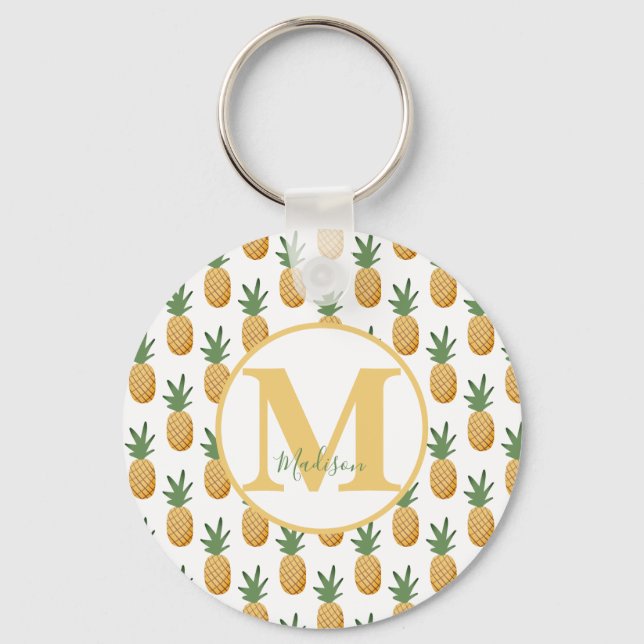 Cute Tropical Pineapple Monogram Keychain Nyckelring (Framsida)