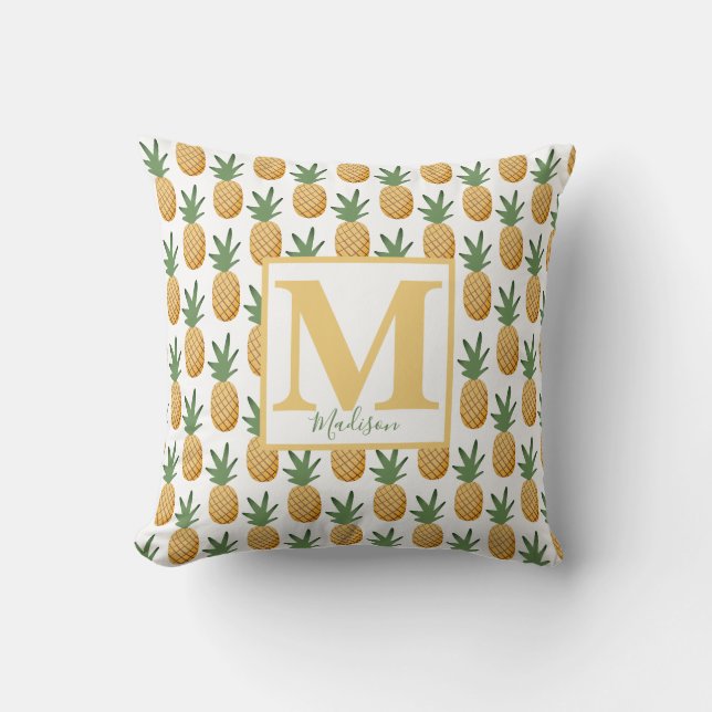 Cute Tropical Pineapple Monogram Namn Throw Pillo Kudde (Framsida)
