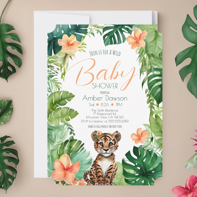 Cute Tropical Tiger for Girl's Jungle Baby Shower Inbjudningar (Skapare uppladdad)