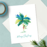 Cute Tropical Träd Watercolor Beach-jul i Handflat Kort<br><div class="desc">Det här badtemat med vattenfärgen julkort har en kopia av min originalhandmålade handflatan träd med röd poinsettia på en skarp vit bakgrund. Ord God jul är förinställt i en modern penselskripttypografi i turkosblått. Insidan är en solid light tropical grönt färg och är tom för att du ska kunna lägga till...</div>