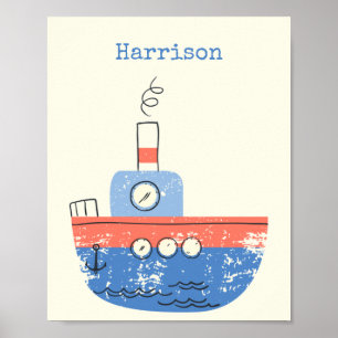Cute Tug Boat Red Blue Illustration Namn Anpassnin Poster