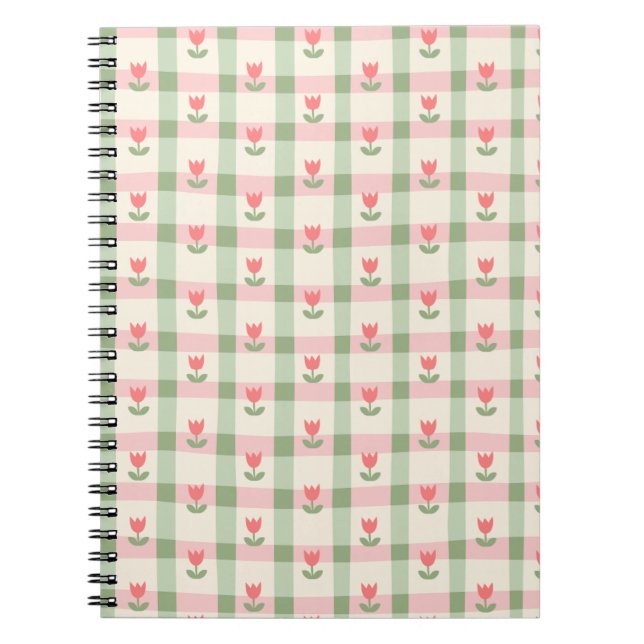 Cute Tulip Checkered Pattern | Pastel Floral  Anteckningsbok (Framsidan)