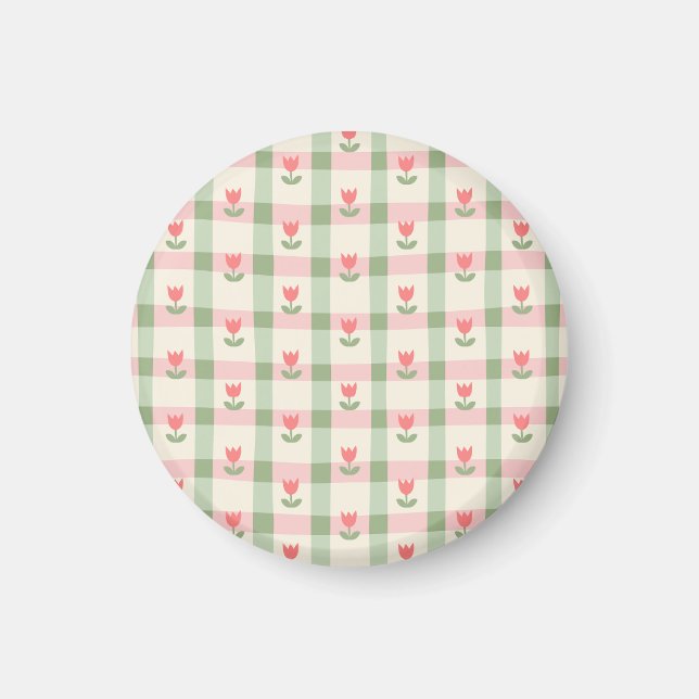 Cute Tulip Checkered Pattern | Pastel Floral  Magnet (Framsidan)