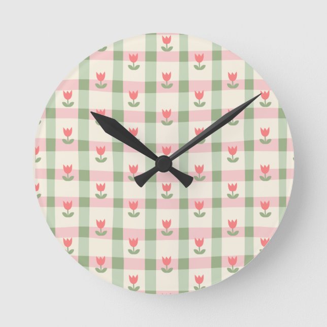 Cute Tulip Checkered Pattern | Pastel Floral  Rund Klocka (Framsida)