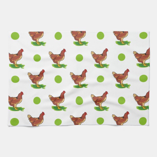Cute Tupp, Chicken, Grönt Polka dots Kökshandduk (Horisontell)