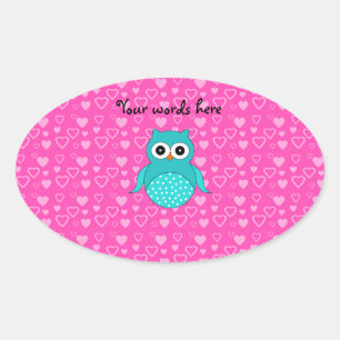 Cute turcoise uggla rosa hearts ovalt klistermärke