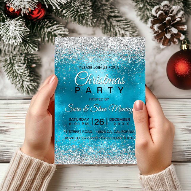 Cute turcos silver faux glitter jul inbjudningar (Skapare uppladdad)