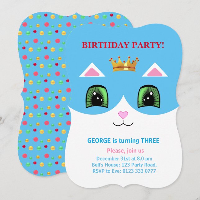 Cute Turcos & White Prince Tuxedo Cat Birthday Inbjudningar (Fram/baksida)