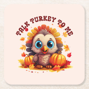Cute Turkey and Autumn Foliage Underlägg Papper Kvadrat
