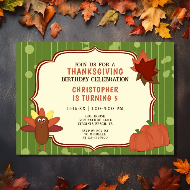 Cute Turkey and Pumpkins Thanksgiving Birthday Inbjudningar (Front - Cute Turkey and Pumpkins Thanksgiving Birthday Invitation)