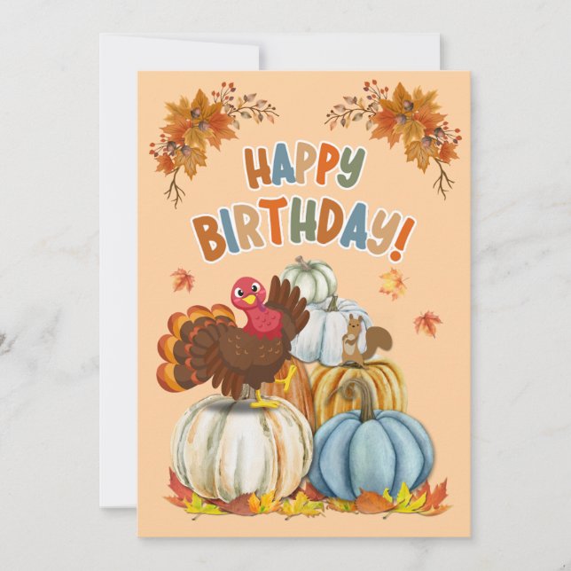 Cute Turkey and Retro Pumpkins Fall Birthday Julkort (Framsida)