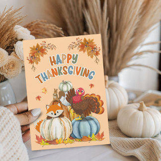 Cute Turkey and Retro Pumpkins Happy Thanksgiving Helgkort