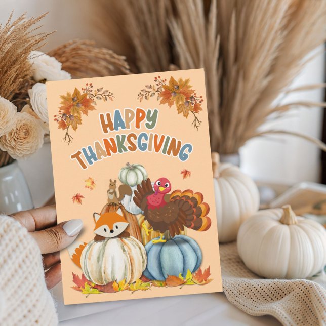 Cute Turkey and Retro Pumpkins Happy Thanksgiving  Helgkort (Skapare uppladdad)