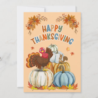 Cute Turkey and Retro Pumpkins Happy Thanksgiving Julkort