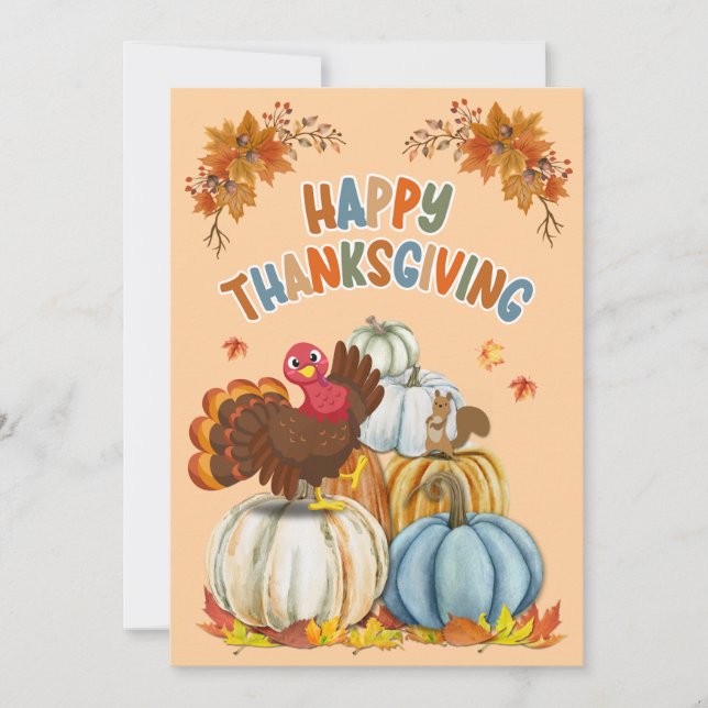 Cute Turkey and Retro Pumpkins Happy Thanksgiving Julkort (Framsida)