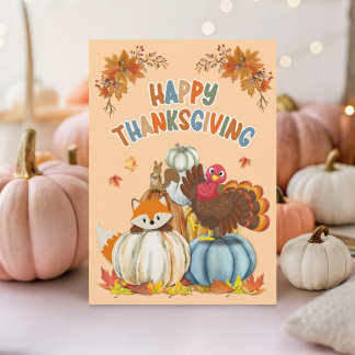 Cute Turkey and Retro Pumpkins Happy Thanksgiving Julkort