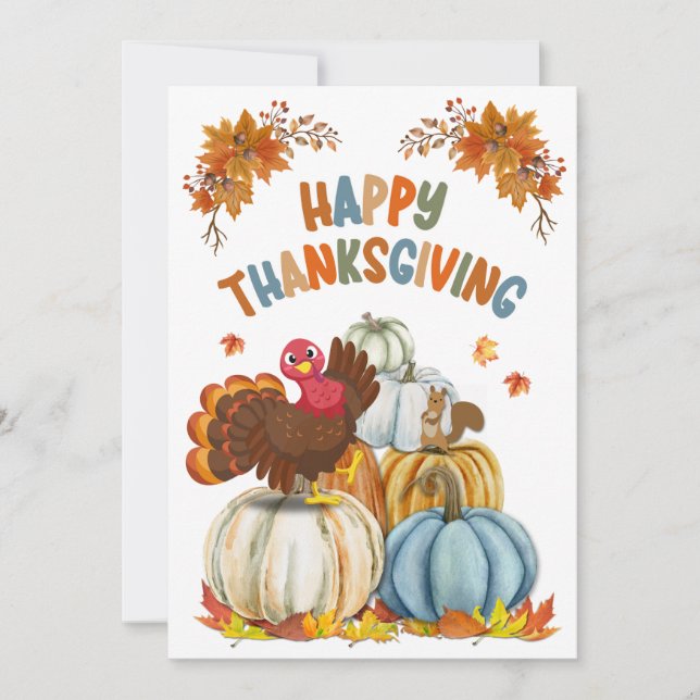 Cute Turkey and Retro Pumpkins Happy Thanksgiving Julkort (Framsida)