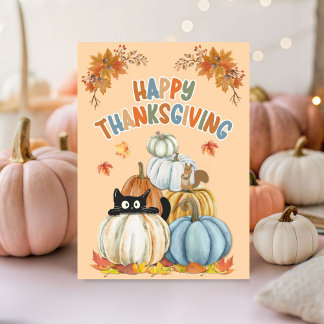 Cute Turkey and Retro Pumpkins Happy thanksgiving Kort