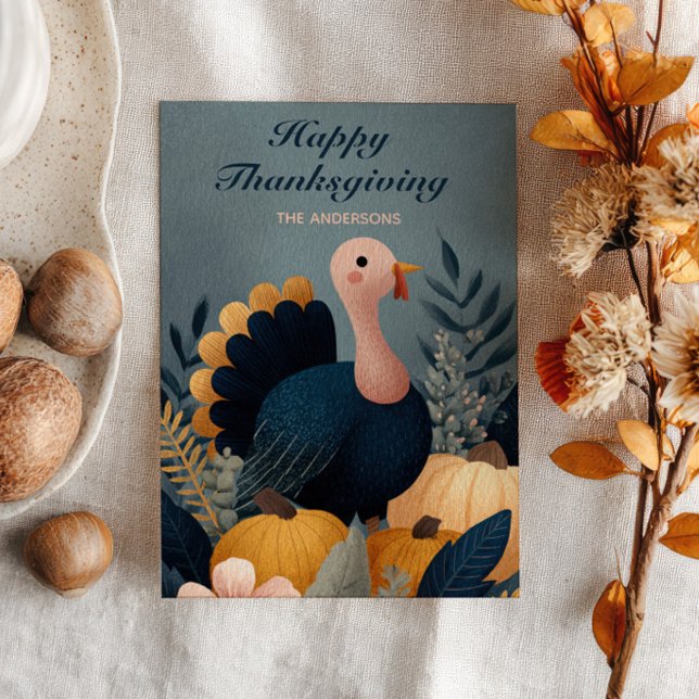 Cute Turkey& Autumn Foliage Happy Thanksgiving  Julkort (Skapare uppladdad)