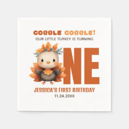 Cute Turkey Gobble Thanksgiving 1st Birthday Pappersservett
