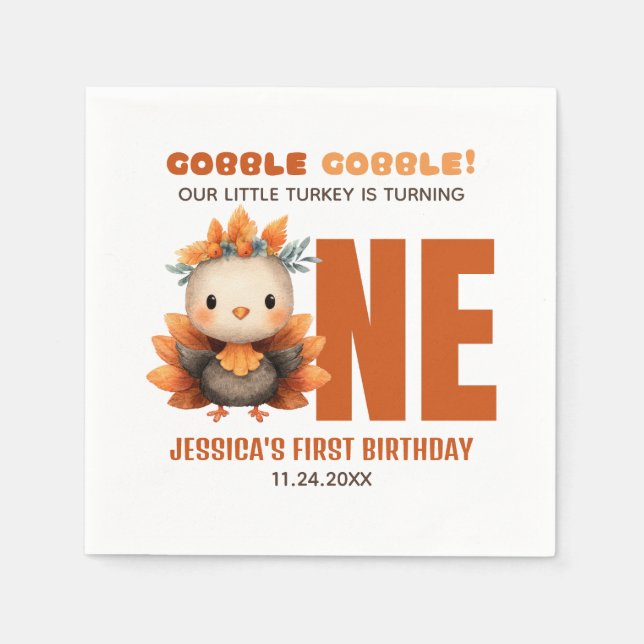 Cute Turkey Gobble Thanksgiving 1st Birthday Pappersservett (Framsidan)