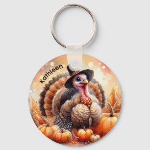 Cute Turkey Pilgrim Hat Pumpkins Maj Thanksgiving Nyckelring