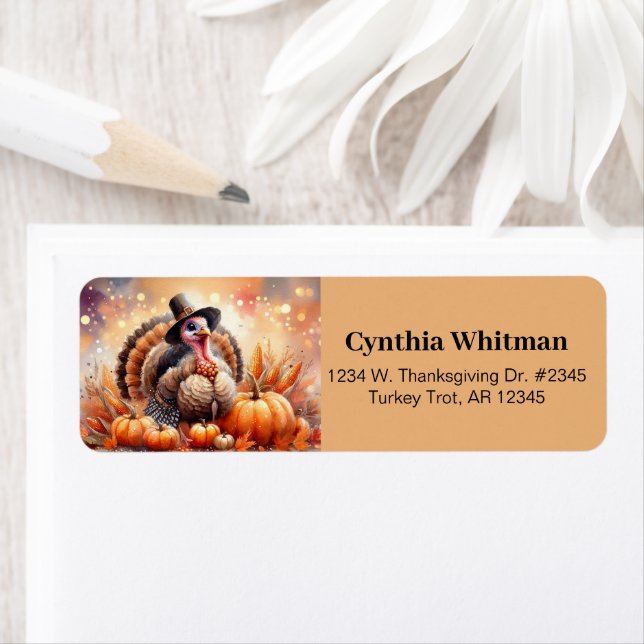Cute Turkey Pilgrim Hat Pumpkins Maj Thanksgiving Returadress Etikett (Insitu)