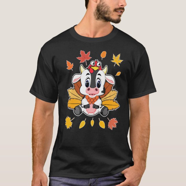 Cute Turkey Pilgrim Riding Cow Costume Lolly T Shirt (Framsida)