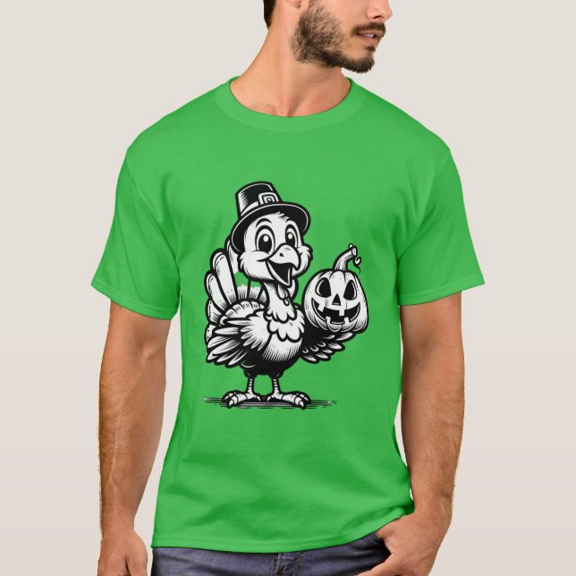 Cute Turkey Posing with Pumpkin Autumn Harvest Ani T Shirt (Framsida)